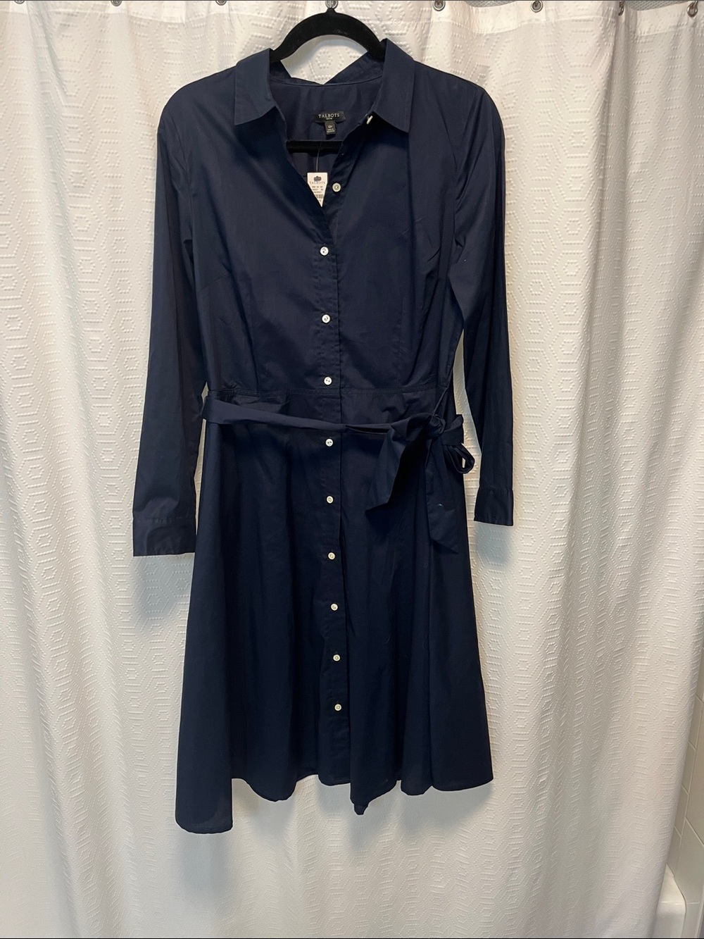 Talbots Navy Long-Sleeve Shirt Dress with Waist Tie
